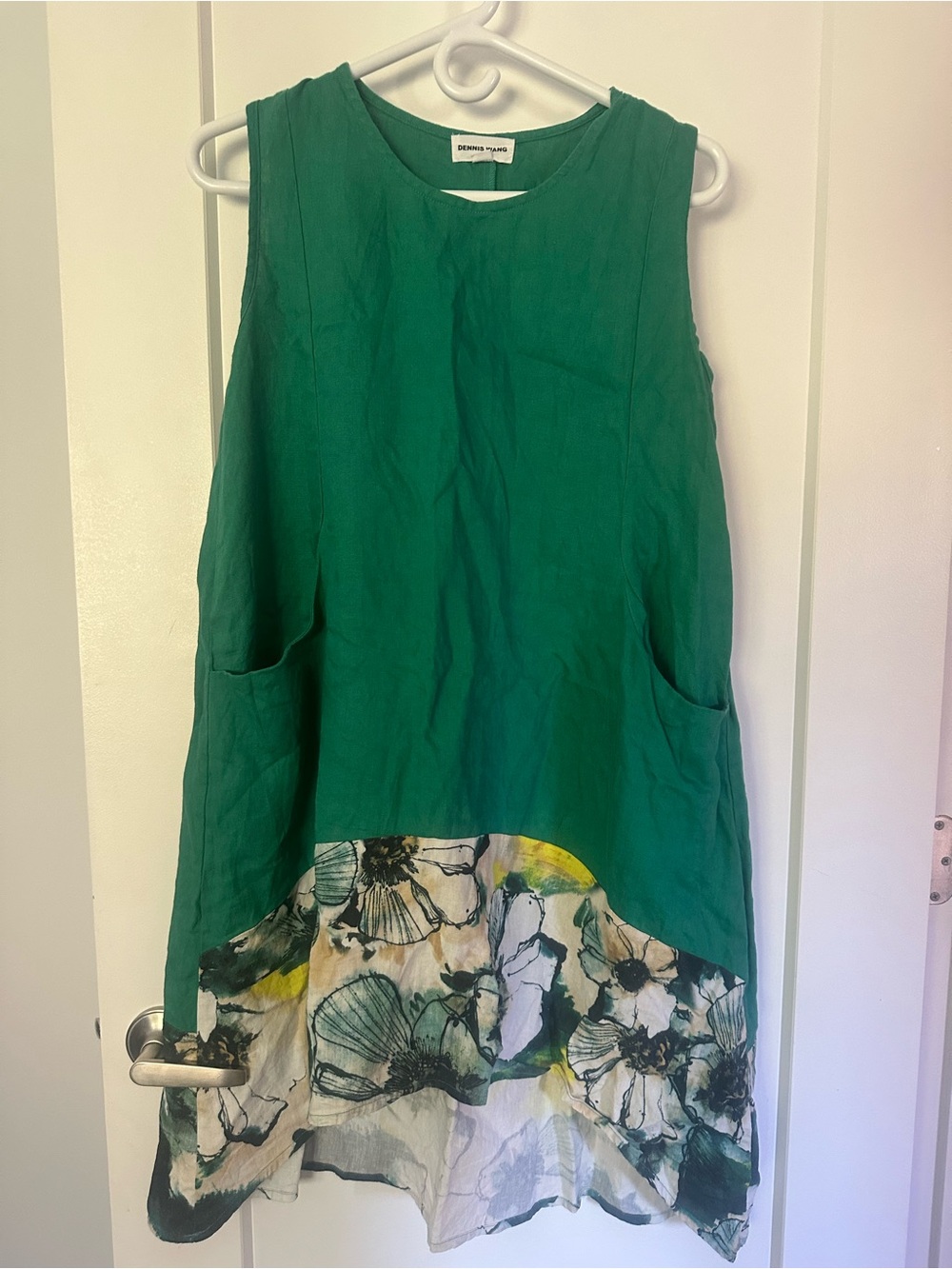 Denim & Flower Emerald Green Sleeveless Tunic Dress with Floral Hem